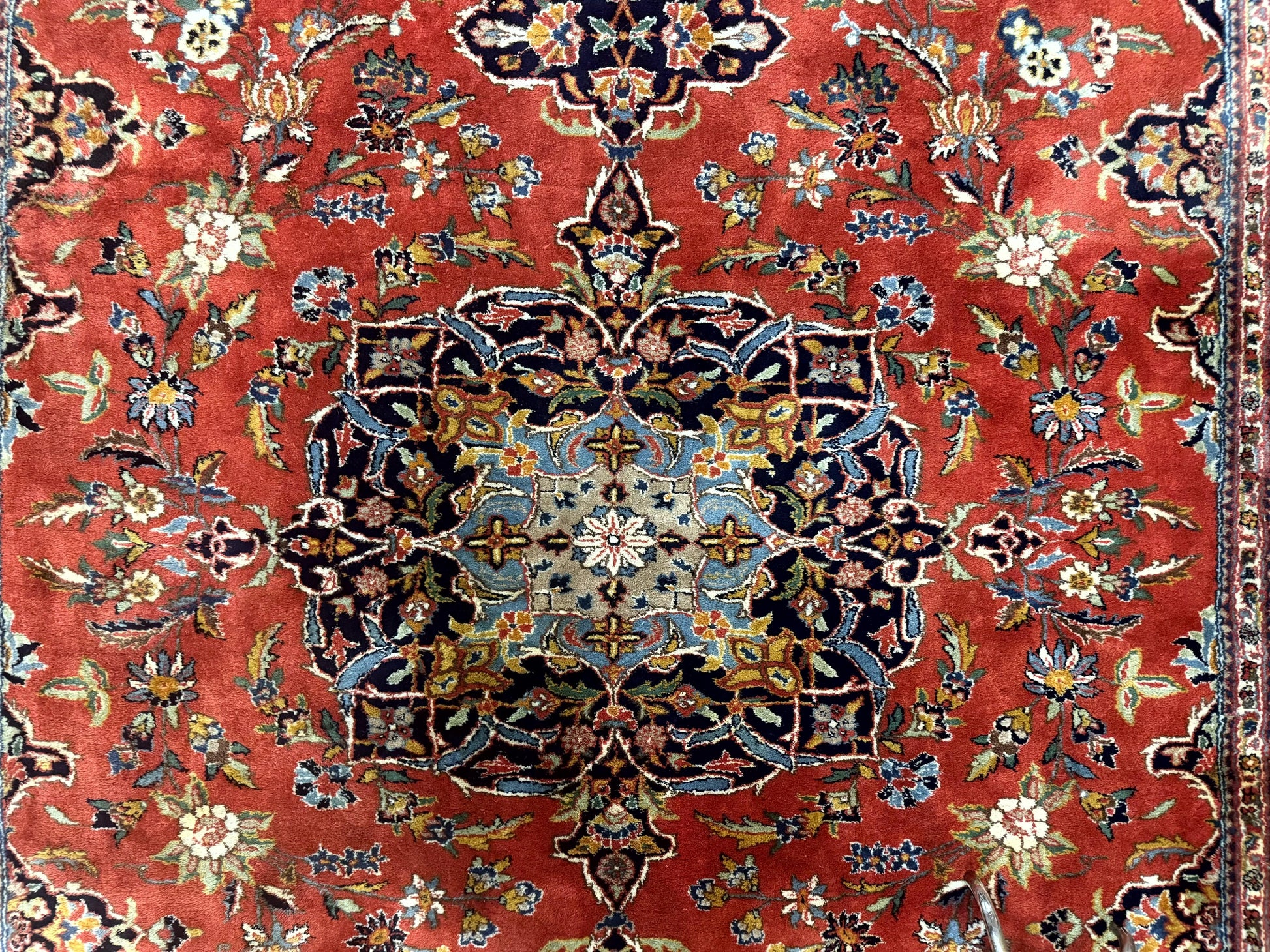 Indo Persian Rug 7x10, Vintage Handmade Wool Carpet, Floral Medallion Traditional Rug, Red and Midnight Blue - Nuvé
