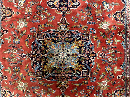 Indo Persian Rug 7x10, Vintage Handmade Wool Carpet, Floral Medallion Traditional Rug, Red and Midnight Blue - Nuvé