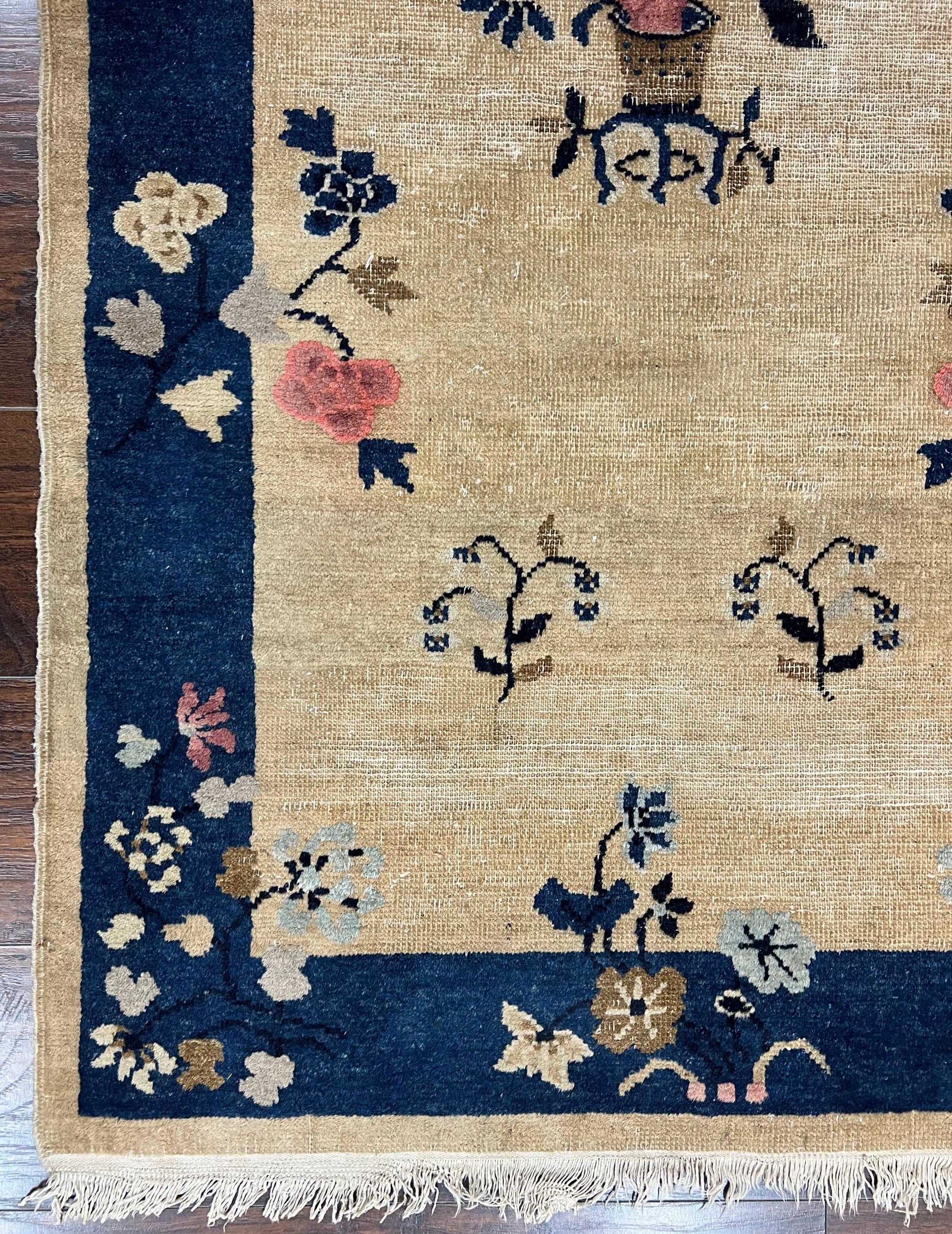 Antique Chinese Peking Rug 3x6, Beige and Dark Blue Hand Knotted Handmade Asian Oriental Carpet, Floral Vases, Vintage Wool Art Deco Rug - Nuvé