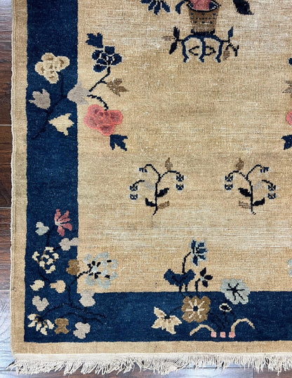Antique Chinese Peking Rug 3x6, Beige and Dark Blue Hand Knotted Handmade Asian Oriental Carpet, Floral Vases, Vintage Wool Art Deco Rug - Nuvé