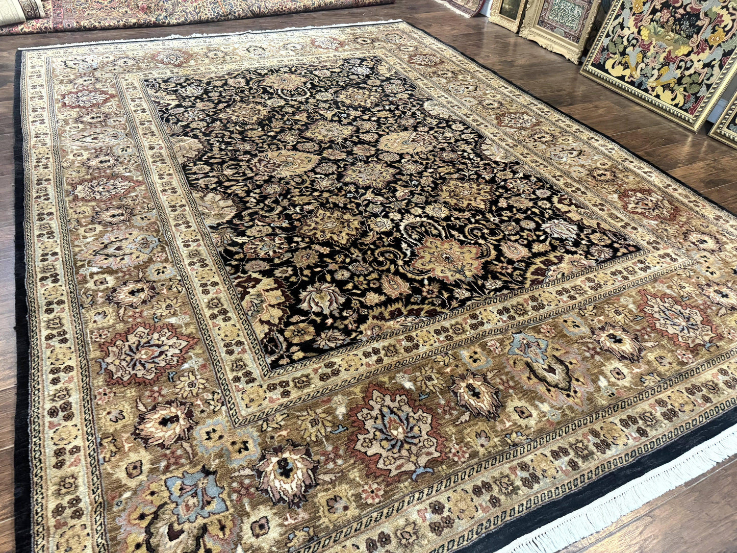 Indo Persian Rug 9x12, Floral Allover, Midnight Blue, Handmade Vintage Wool Oriental Carpet - Nuvé