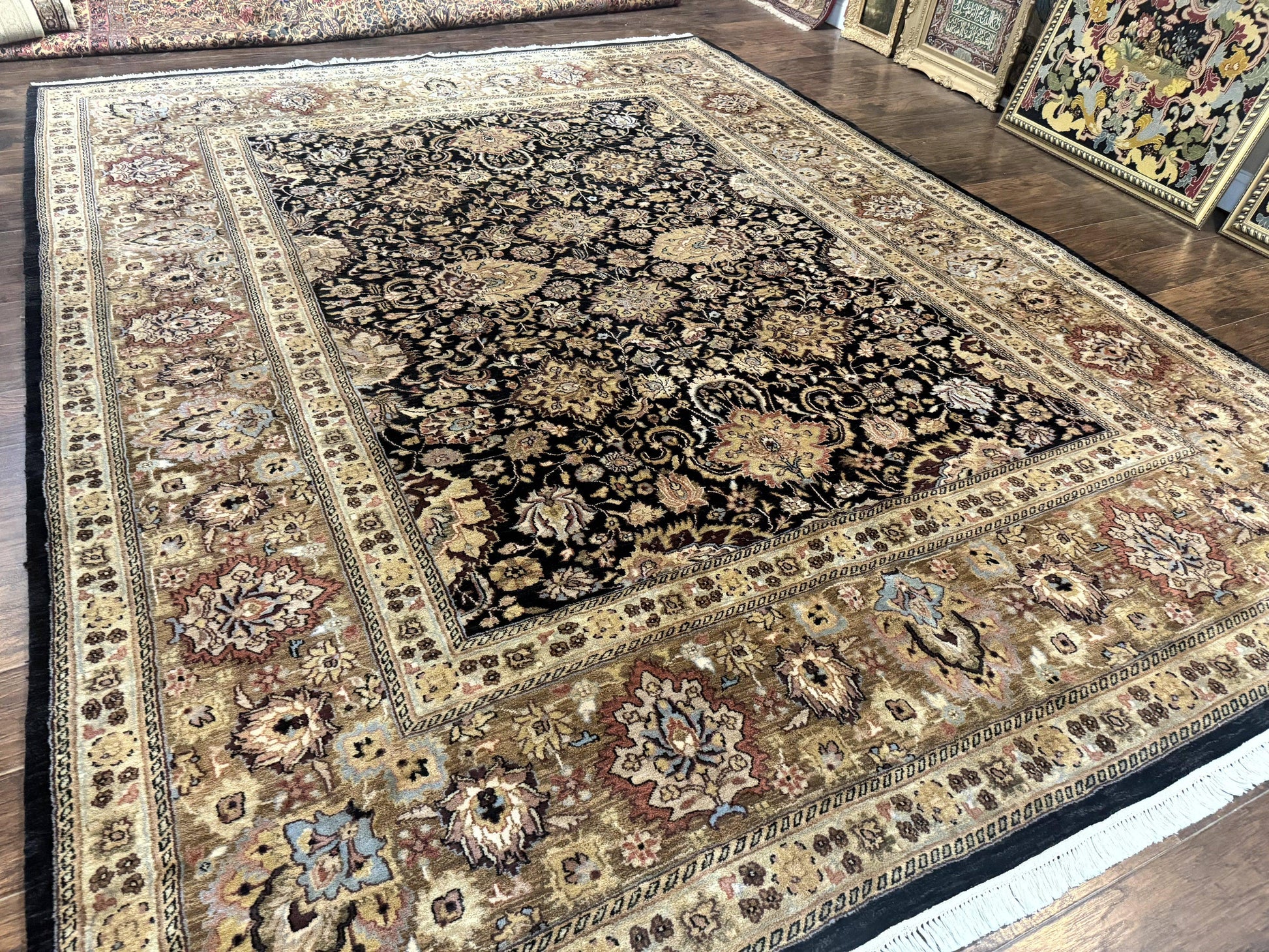 Indo Persian Rug 9x12, Floral Allover, Midnight Blue, Handmade Vintage Wool Oriental Carpet - Nuvé