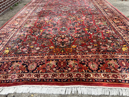 Large Antique Persian Sarouk Rug 11x18, Red, Floral Allover, Palace Size Wool Handmade Carpet - Nuvé