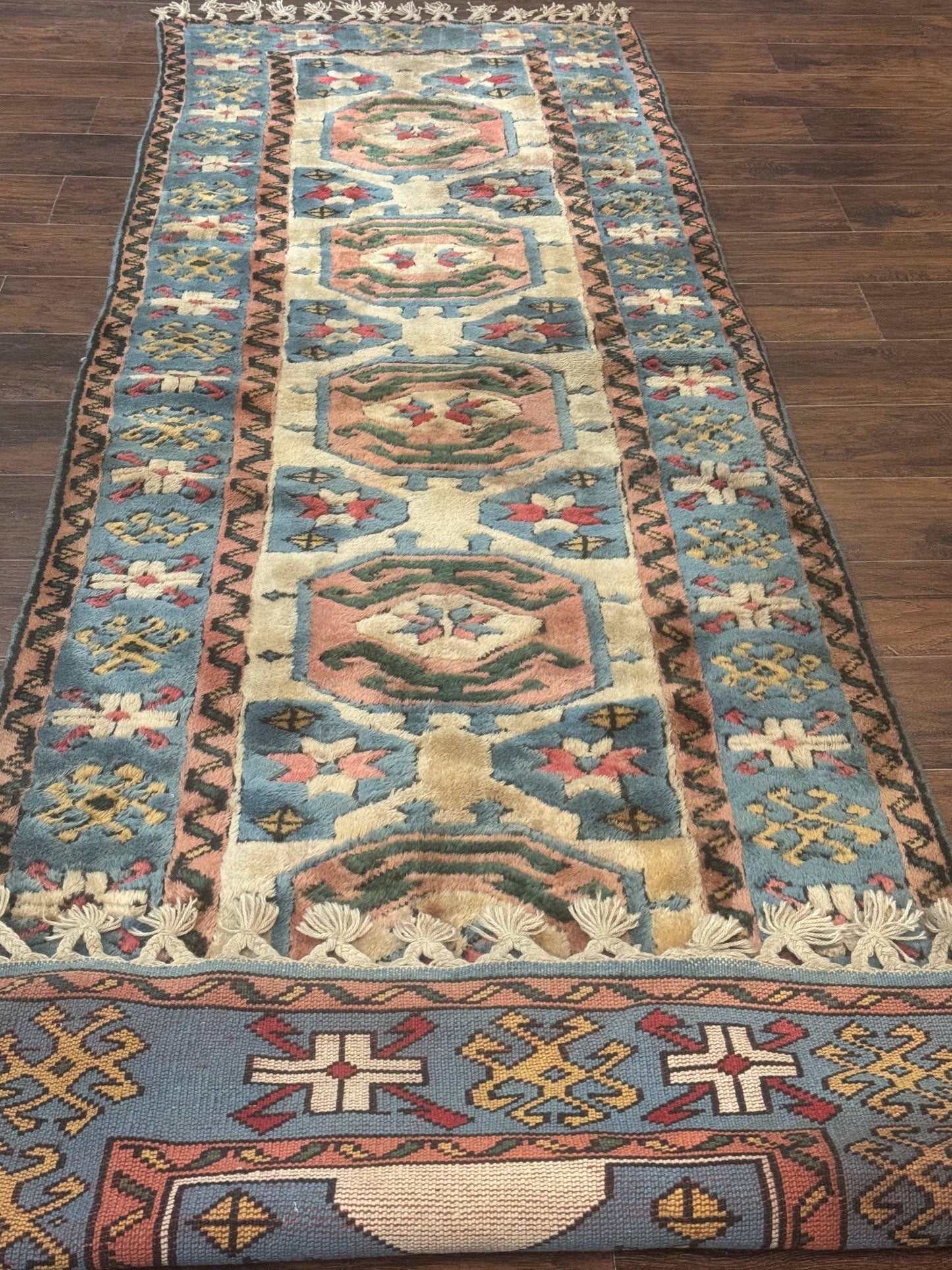 Turkish Kazak Runner Rug 3x11, Cream and Light Blue, Vintage - Nuvé