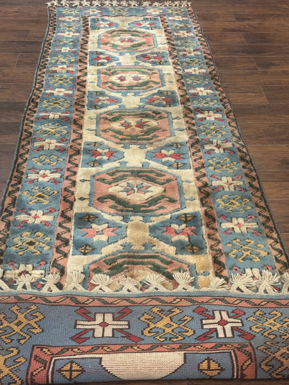 Turkish Kazak Runner Rug 3x11, Cream and Light Blue, Vintage - Nuvé
