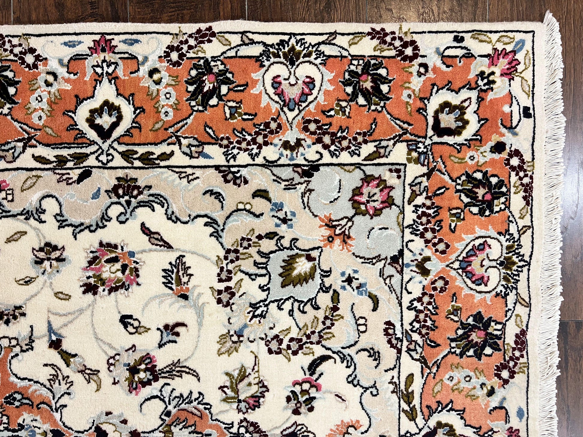 Persian Tabriz Rug 4.5  x 6.8, Finely Hand Knotted Wool with Silk Highlights Vintage Oriental Carpet, Cream and Salmon, High KPSI, Floral Medallion - Nuvé