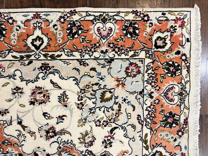 Persian Tabriz Rug 4.5  x 6.8, Finely Hand Knotted Wool with Silk Highlights Vintage Oriental Carpet, Cream and Salmon, High KPSI, Floral Medallion - Nuvé