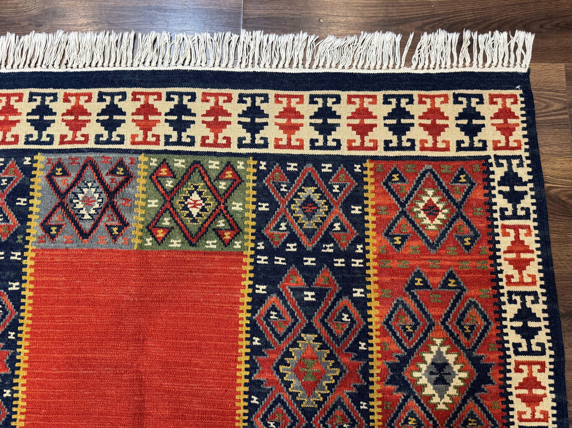 Turkish Kilim Rug 5x8, Flatweave Carpet, Handmade Bohemian Rug, Terracotta and Navy Blue - Nuvé