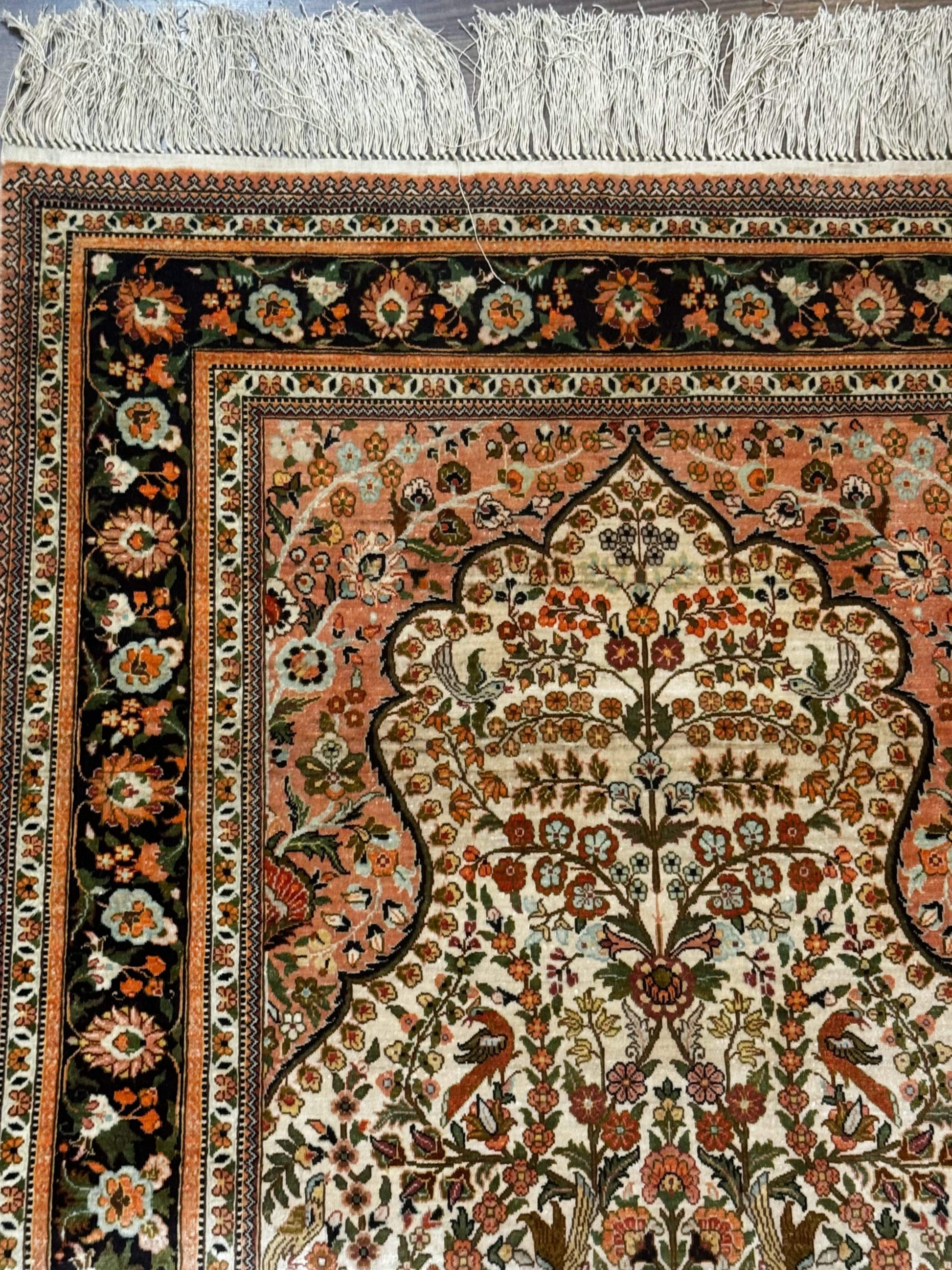 Exceptional Silk Rug 2.6 x 4, Very Fine 630 KPSI, Persian Vase Tree of Life Bird Pictorials, Handmade - Nuvé