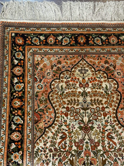 Exceptional Silk Rug 2.6 x 4, Very Fine 630 KPSI, Persian Vase Tree of Life Bird Pictorials, Handmade - Nuvé