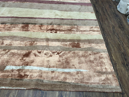 Modern Tibetan Rug 8x11 Nepali Carpet, Shiny Velvely Soft Wool and Silk, Contemporary Hand Knotted Rug, Striped Design, Wool Area Rug 8 x 11 - Nuvé