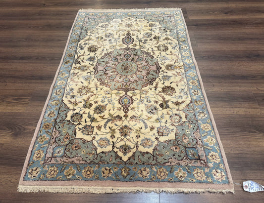 Persian Isfahan Rug 3x5, Fine 310 KPSI, Kork Wool Silk Foundation, Cream & Light Green - Nuvé