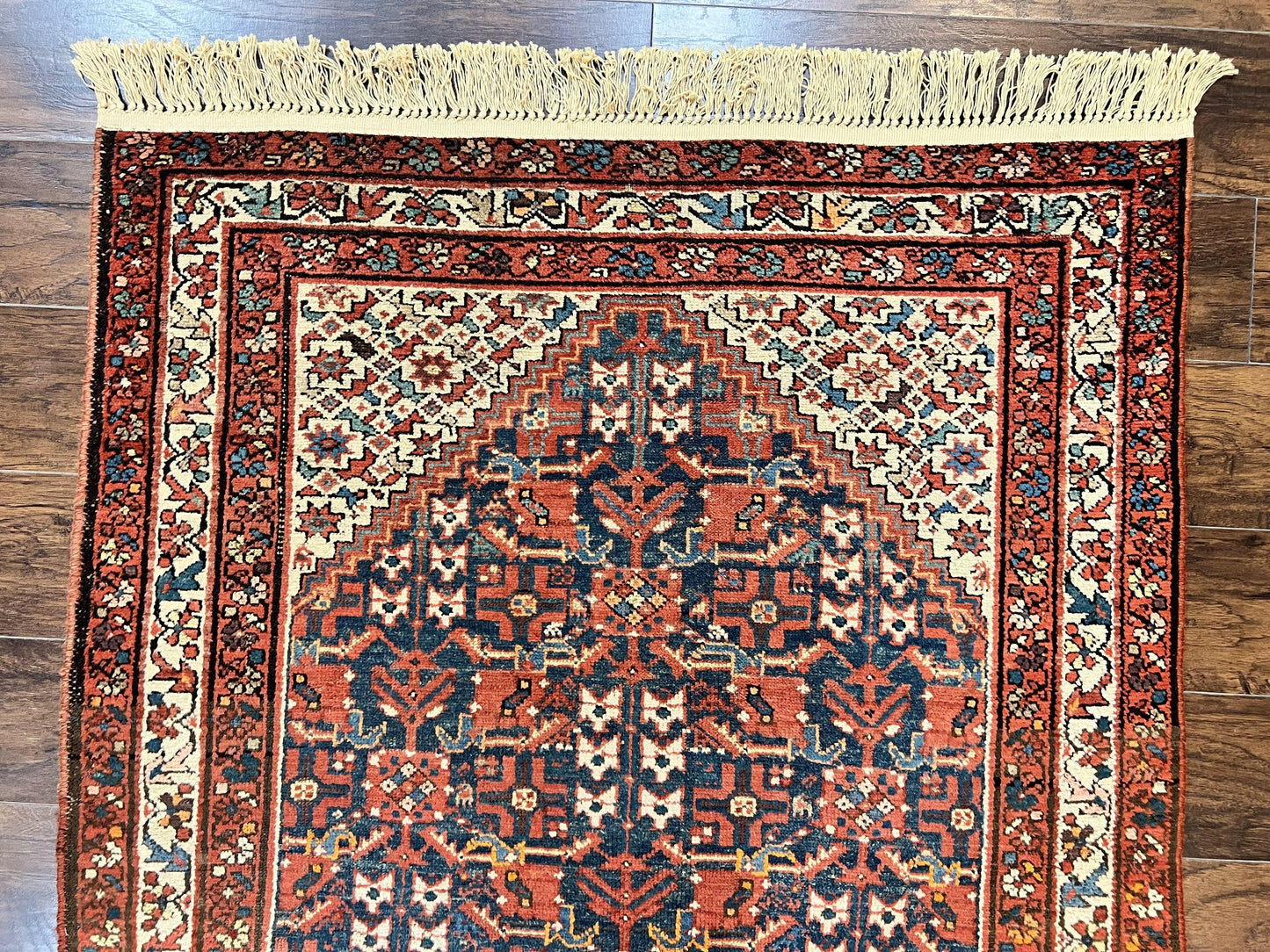 Persian Malayer Rug 4x7, Tribal Rug, Geometric, Antique Oriental Carpet, Red Blue Cream, Boho Rug, Hand Knotted Wool Rug - Nuvé