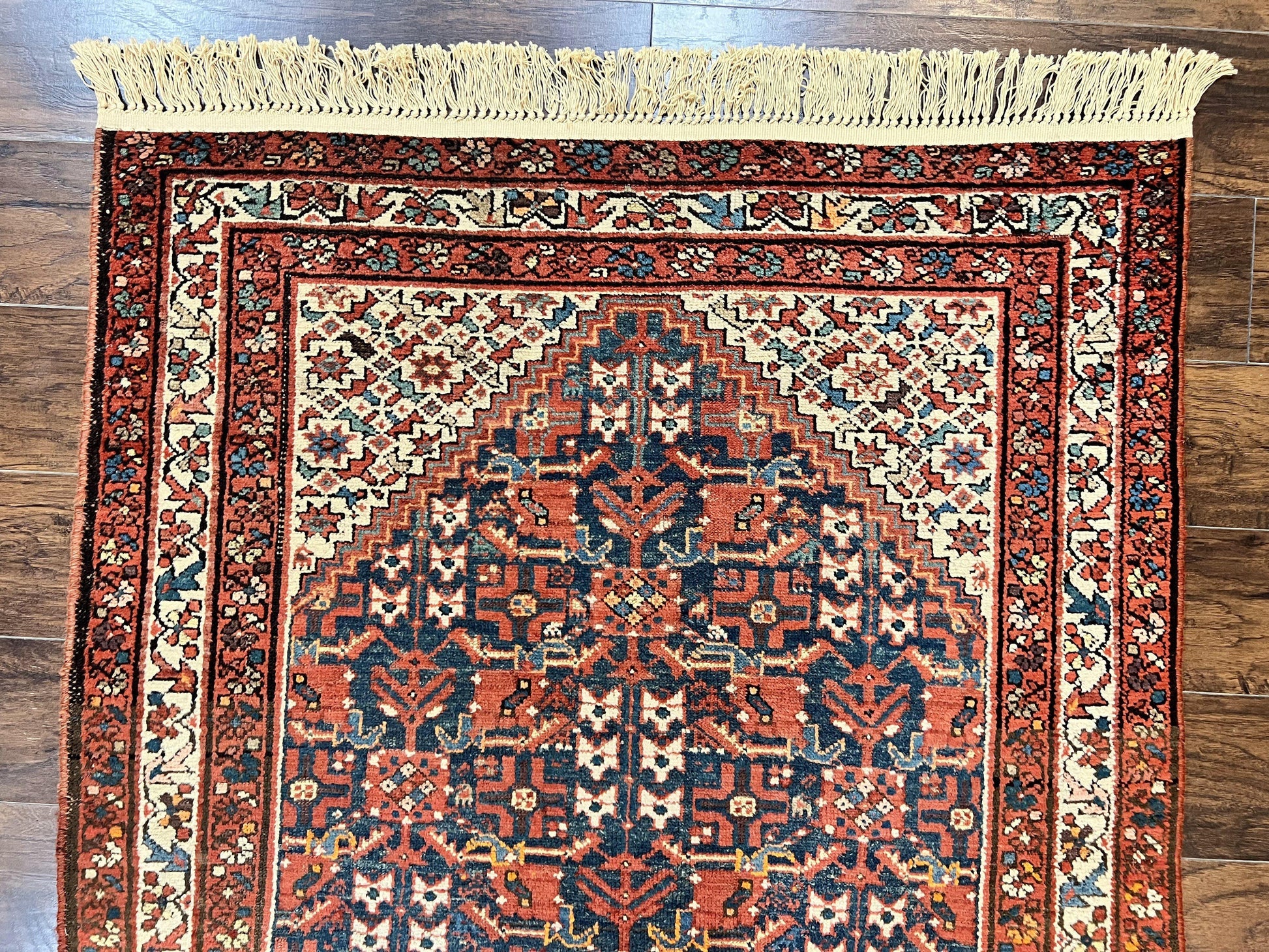 Persian Malayer Rug 4x7, Tribal Rug, Geometric, Antique Oriental Carpet, Red Blue Cream, Boho Rug, Hand Knotted Wool Rug - Nuvé