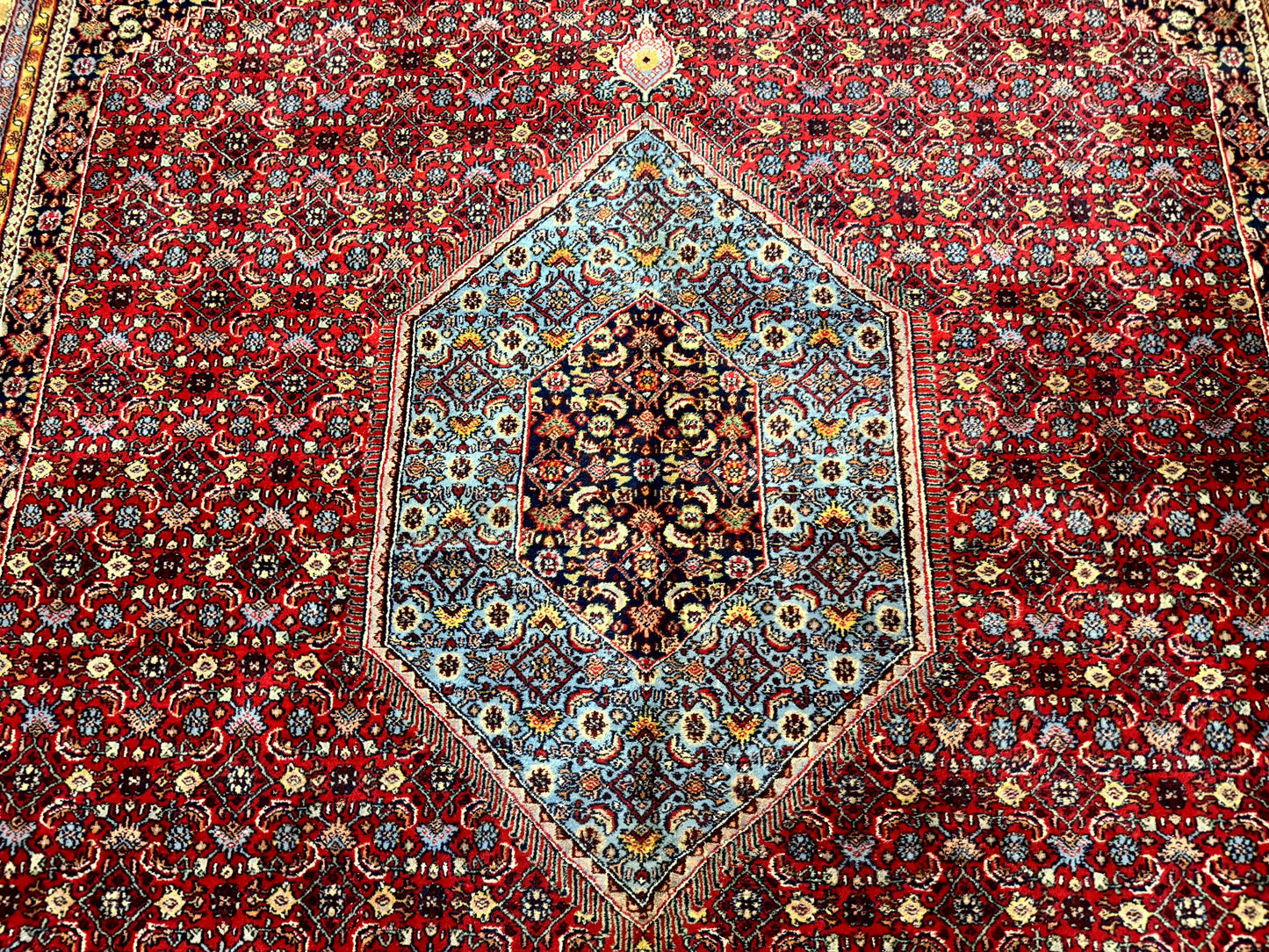 Indo Persian Bidjar Rug 10x14, Red and Dark Blue, Herati Mahi Pattern, Vintage - Nuvé