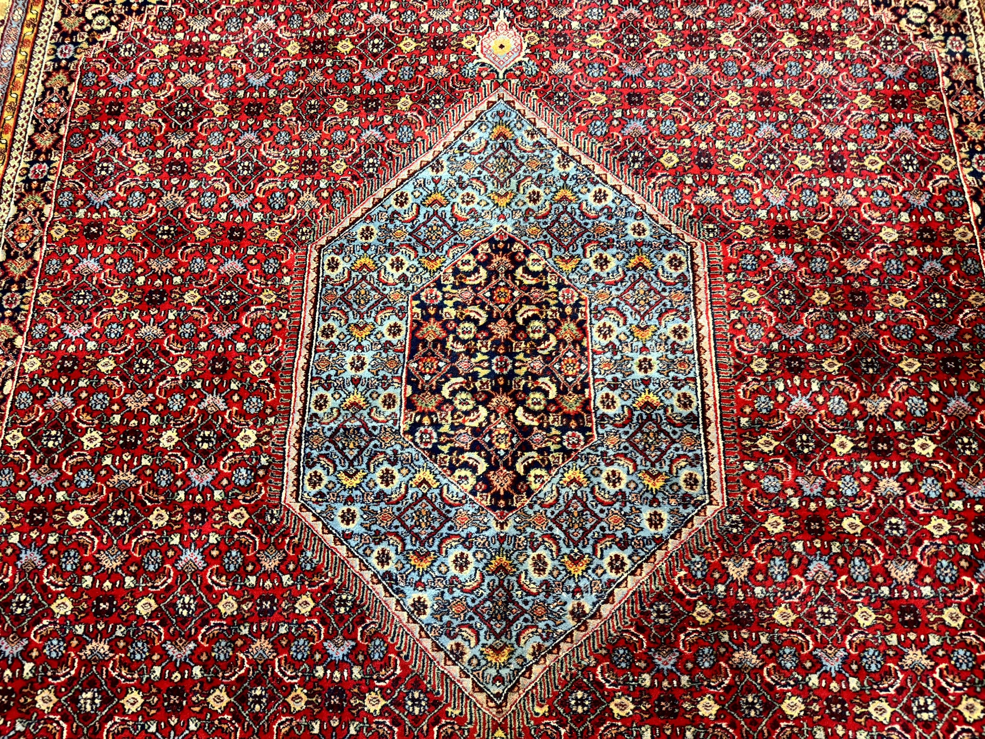 Indo Persian Bidjar Rug 10x14, Red and Dark Blue, Herati Mahi Pattern, Vintage - Nuvé