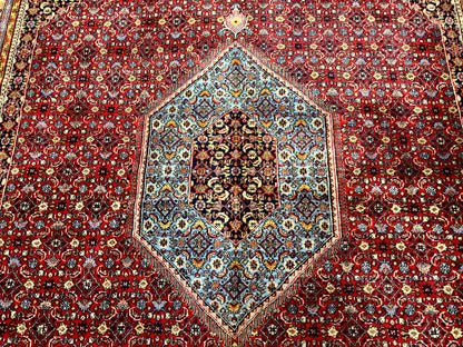 Indo Persian Bidjar Rug 10x14, Red and Dark Blue, Herati Mahi Pattern, Vintage - Nuvé