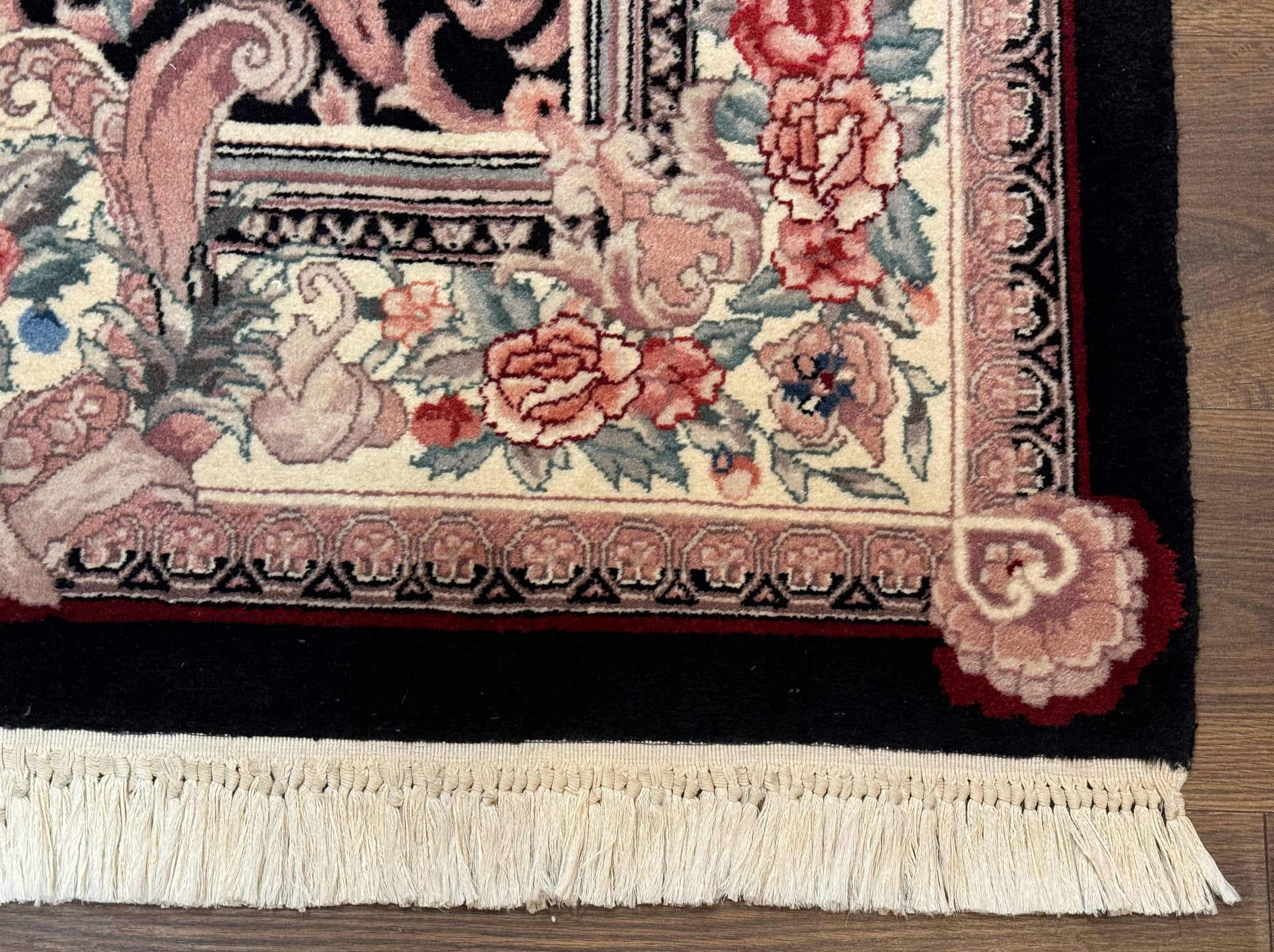 Aubusson Rug 4x6, Elegant European Floral Design, Black and Ivory, Fine 200 KPSI - Nuvé