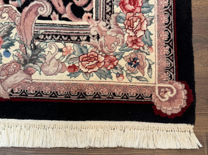Aubusson Rug 4x6, Elegant European Floral Design, Black and Ivory, Fine 200 KPSI
