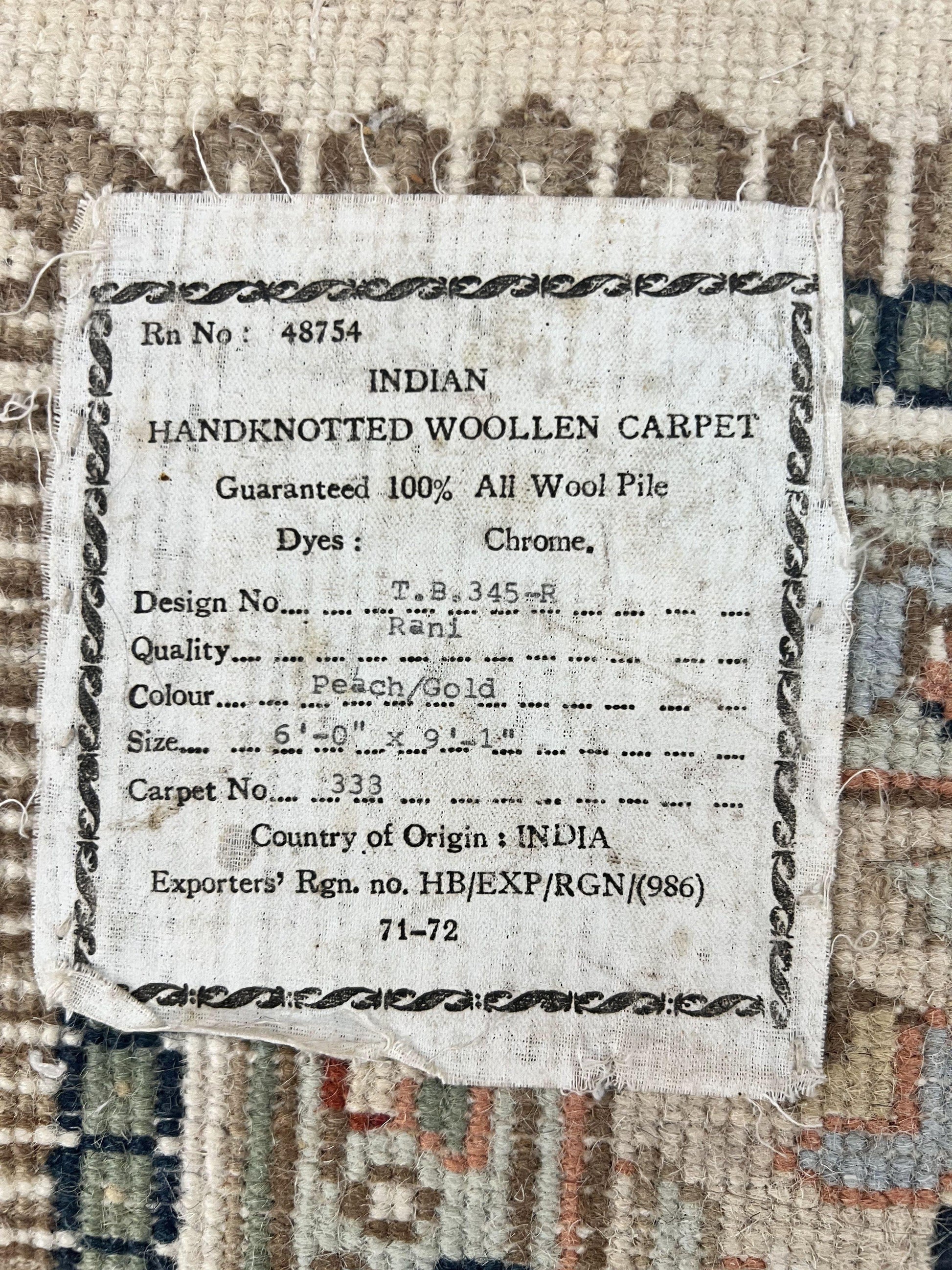 Indo Persian Rug 6x9, Wool Hand Knotted Vintage Carpet, Salmon & Ivory, Traditional Oriental Rug 6 x 9 - Nuvé