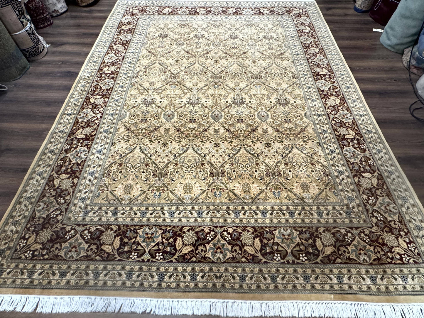 Fine Pak Persian Rug 9x12, Gold and Wine Red, Panel Design, 330 KPSI - Nuvé