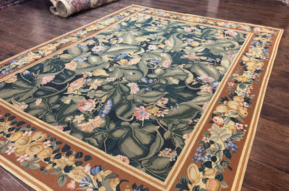 Needlepoint Rug 8x10, Vintage, Handmade, Wool, Green, Leaves & Fruits - Nuvé