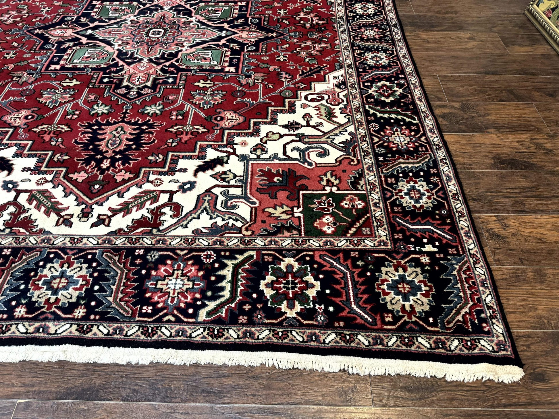Indo Persian Heriz Rug 8x10, Geometric Medallion, Brick Red Ivory Navy Blue, Room Sized Heriz Carpet, Wool Rug - Nuvé