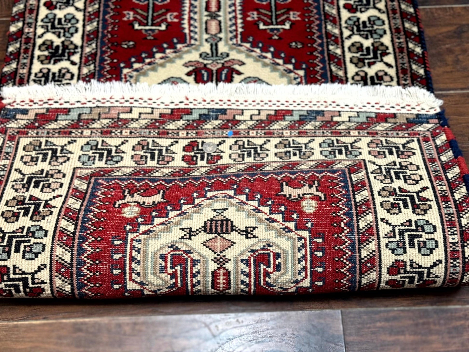 Indo Persian Runner Rug 2.6 x 12, Heriz Geometric Caucasian Design, Animal Pictorials, Tribal Runner Rug, Vintage Handmade Wool Red - Nuvé