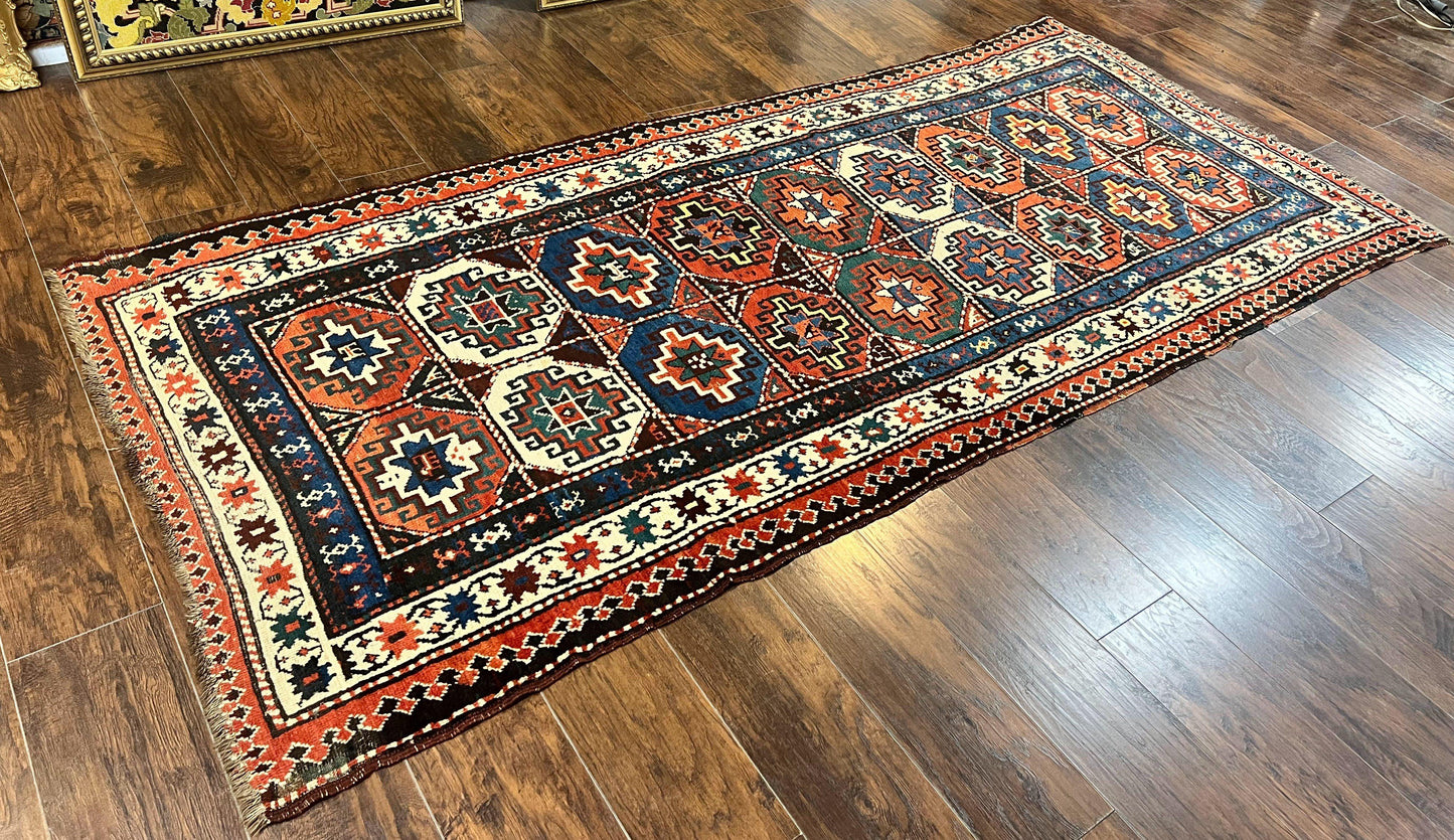 Antique Caucasian Kazak Runner Rug 4 x 9.5, Handmade Wool Rug for Hallway, Rare Colorful Panel Design Mid 19th Century 1870s Oriental Carpet - Nuvé