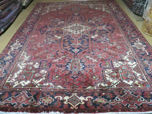 Persian Rug 8x11 Room Sized Heriz Carpet, Hand Knotted Wool Rug, Vintage Semi Antique, Geometric Medallion, Wine Red Cream Dark Blue, Wow - Nuvé