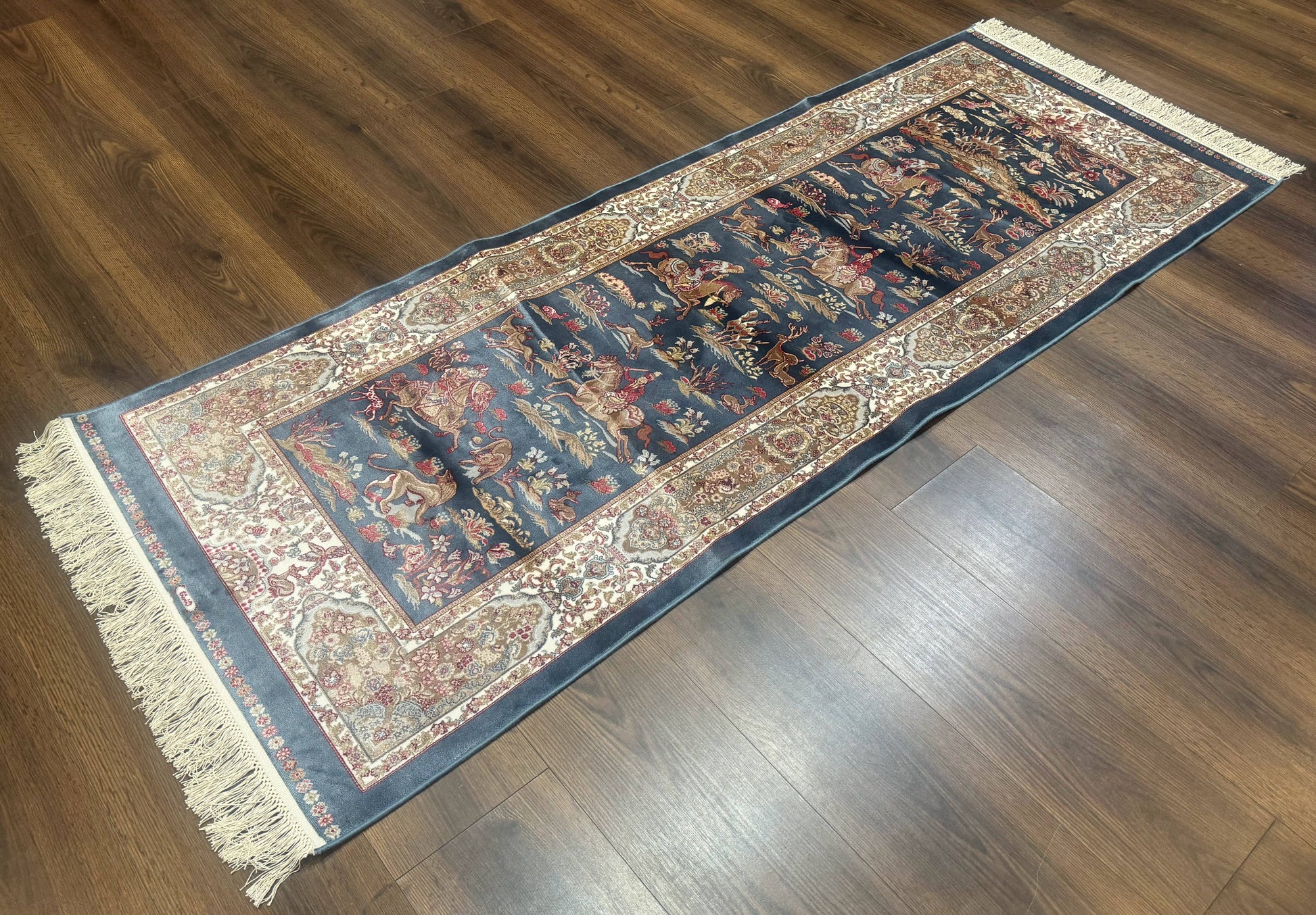 Turkish Silk Rug 2.6 x 6.7, Short Runner Rug, Blue & Ivory, Bamboo Silk, New - Nuvé