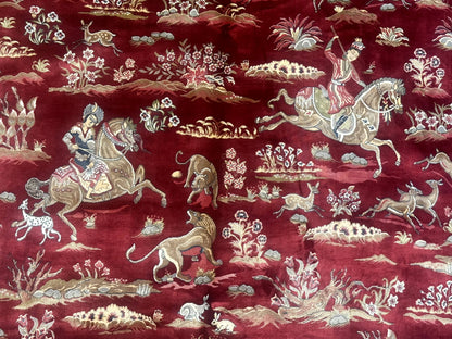 Turkish Silk Rug 8x10, Red & Ivory, Hunting Design, Bamboo Silk, New