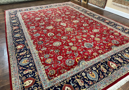 Pak Persian Rug 9x12, Red and Navy Blue, Floral Allover, Hand Knotted Vintage Wool Carpet, Fine 260 KPSI - Nuvé