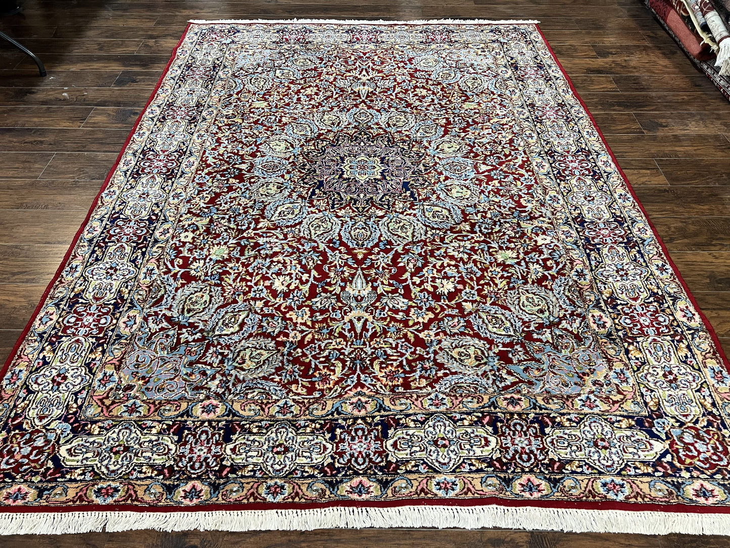 Persian Rug 7x10, Kirman Oriental Carpet 7 x 10 ft, Hand Knotted Wool Floral Medallion Semi Antique Persian Rug, Dark Red Light Blue Vintage - Nuvé