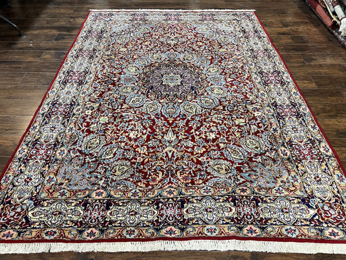 Persian Rug 7x10, Kirman Oriental Carpet 7 x 10 ft, Hand Knotted Wool Floral Medallion Semi Antique Persian Rug, Dark Red Light Blue Vintage - Nuvé