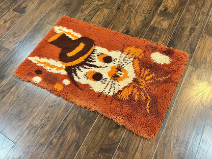 Rya Shag Rug 2x4, Rabbit in Top Hat, Wool, Orange, Vintage 1960s Danish Shag Rug - Nuvé