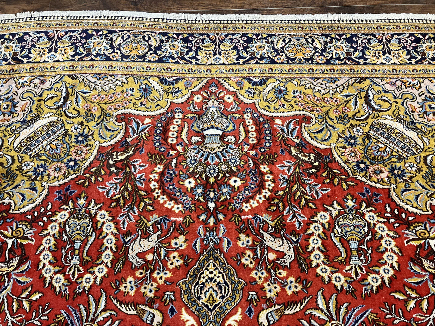 Wonderful Persian Qum Rug 10x14, Wool w/ Silk Highlights, Hand Knotted Semi Antique Vintage Carpet, Red, Floral, Fine Weave, Birds Deer Pictorials - Nuvé