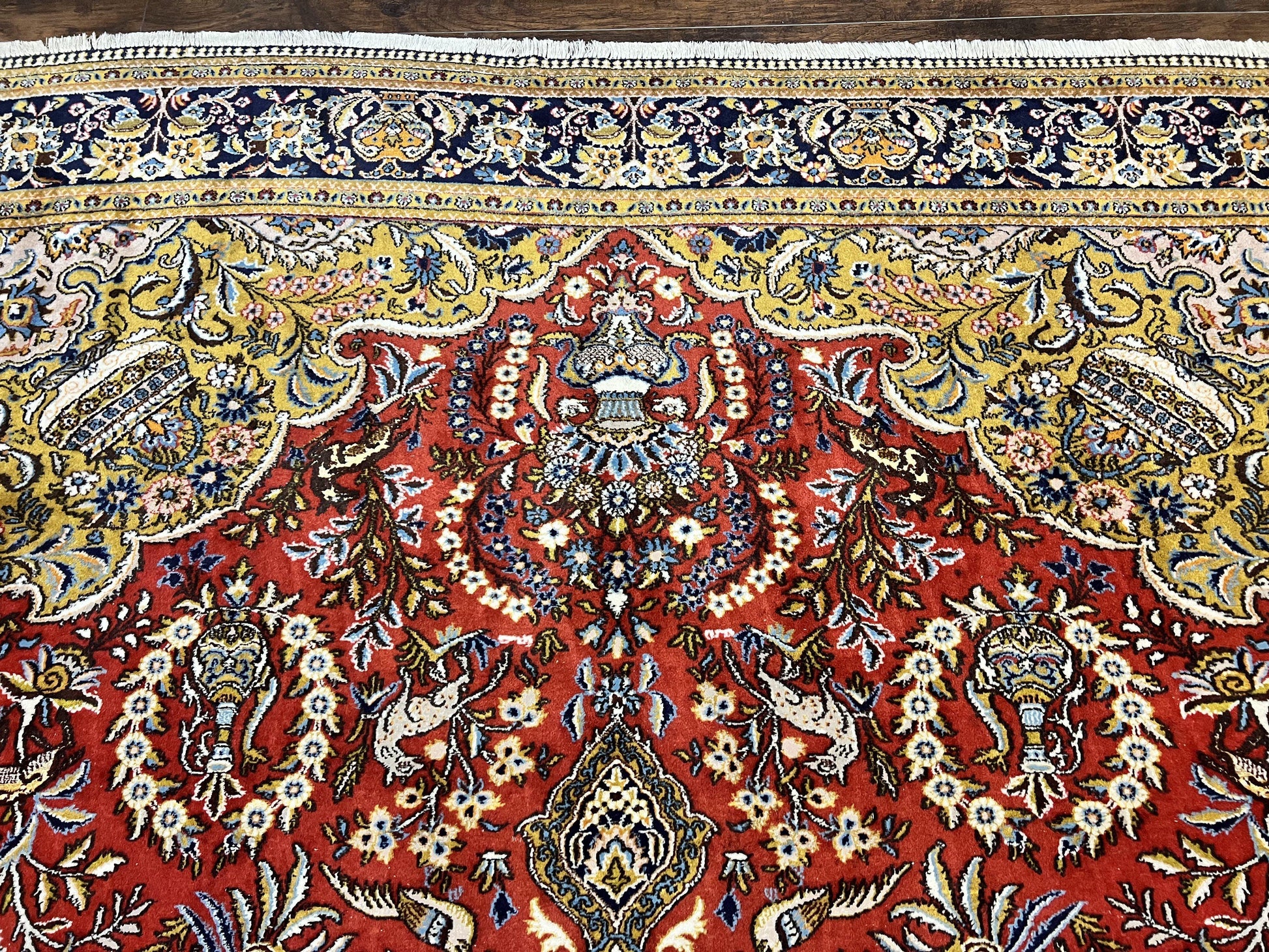 Wonderful Persian Qum Rug 10x14, Wool w/ Silk Highlights, Hand Knotted Semi Antique Vintage Carpet, Red, Floral, Fine Weave, Birds Deer Pictorials - Nuvé