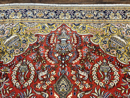 Wonderful Persian Qum Rug 10x14, Wool w/ Silk Highlights, Hand Knotted Semi Antique Vintage Carpet, Red, Floral, Fine Weave, Birds Deer Pictorials - Nuvé