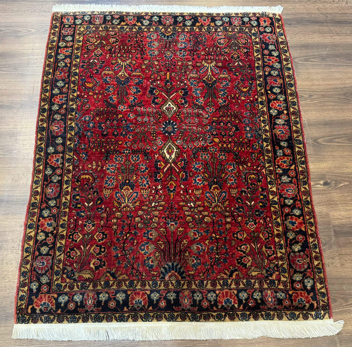 Antique Persian Sarouk Rug 3x4, Red, Floral, 1920s Wool Rug