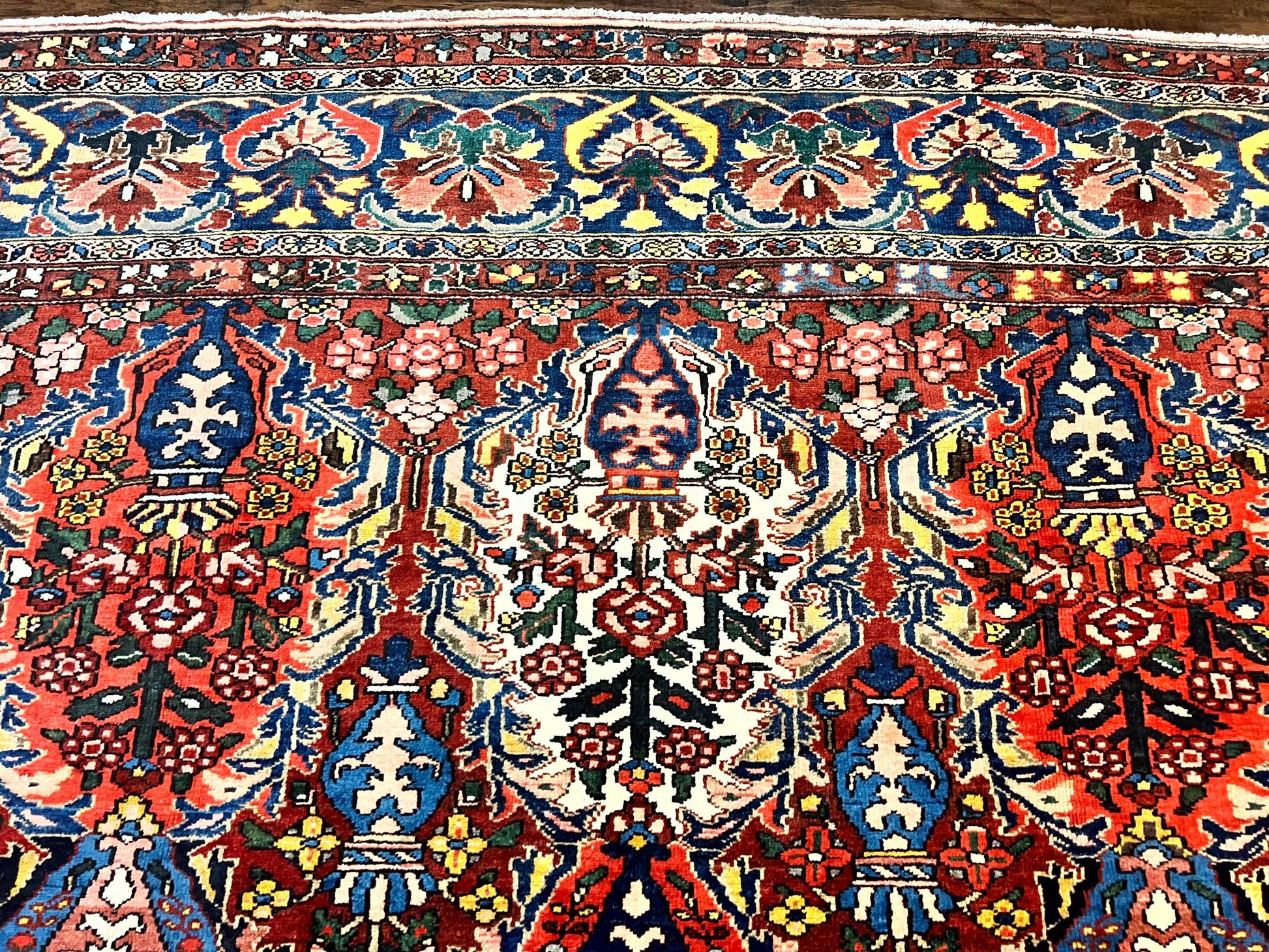 Large Persian Bakhtiari Rug 10x14, Rare Perisan Tribal Rug, Red Blue Ivory Multicolor, Hand Knotted, Semi Antique Carpet - Nuvé