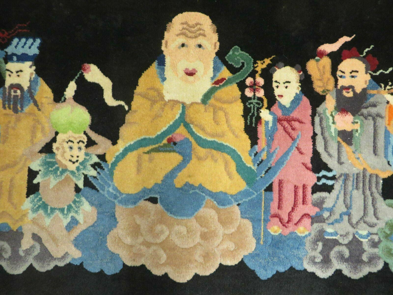 Chinese Wool Pictorial Rug 3x6 Counsel of Wise Elders Philosophers, Vintage Hand Knotted Black Chinese Carpet, Swan, Clouds Confucius, Rare - Nuvé