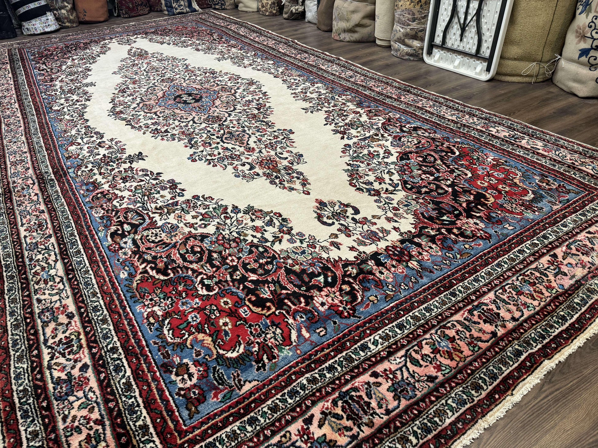 Palace Size Persian Rug 10 x 21 ft, Antique Hamadan Bibikabad Carpet, Handmade Antique Wool Oversized Rug, Ivory, Semi Open Field - Nuvé