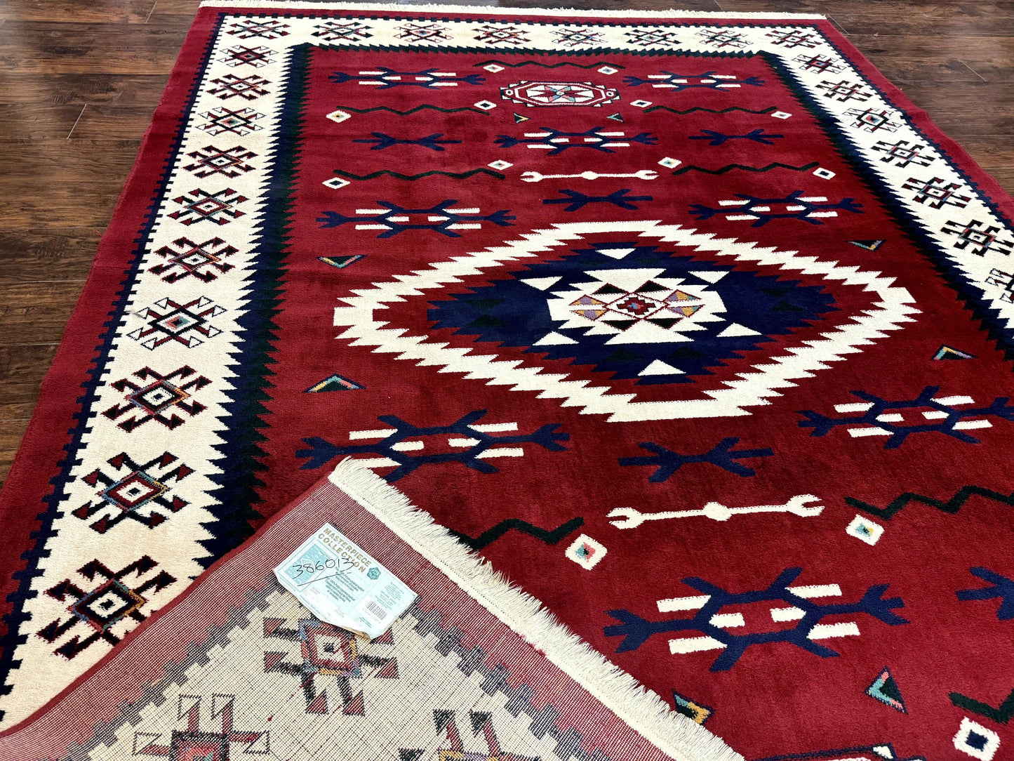 Belgium Power Loomed Rug 8x11, Navajo Native American Design, Dark Red and Ivory, Tribal Rug, Bohemian Carpet - Nuvé