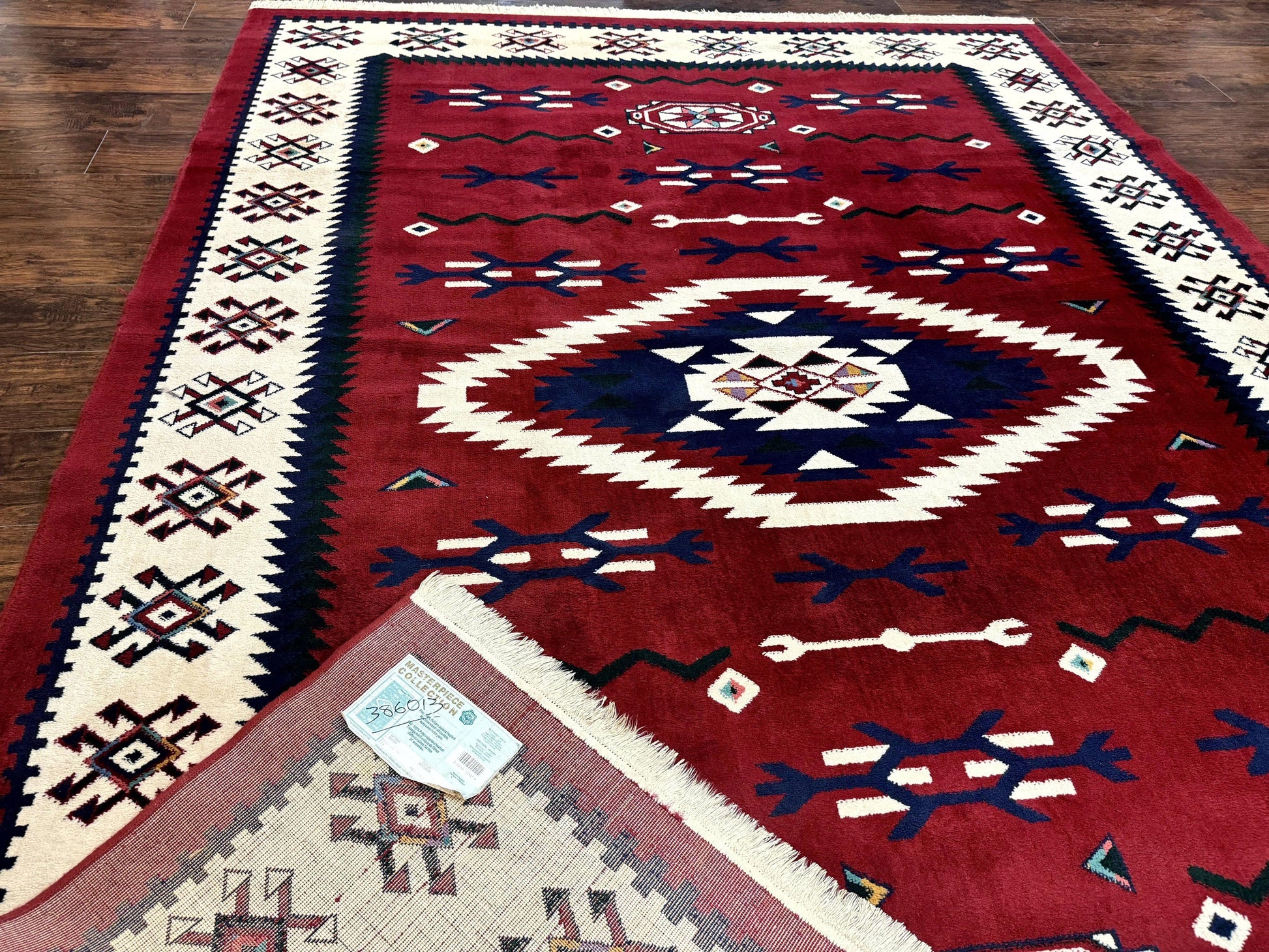 Belgium Power Loomed Rug 8x11, Navajo Native American Design, Dark Red and Ivory, Tribal Rug, Bohemian Carpet - Nuvé