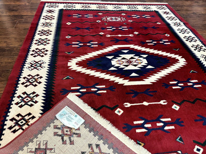 Belgium Power Loomed Rug 8x11, Navajo Native American Design, Dark Red and Ivory, Tribal Rug, Bohemian Carpet - Nuvé