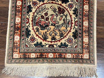 Silk Turkish Rug 2x4, Fine Handmade Oriental Rug, Animal Pictorial Birds Silk Pile on Silk Foundation Vintage Hand Knotted Hereke Carpet - Nuvé
