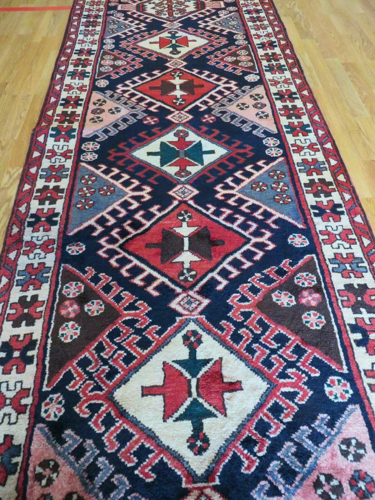 Persian Runner Rug 3.5 x 10.7, Karajeh Heriz Rug, Navy Blue, Geometric Medallions - Nuvé