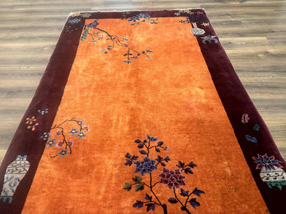 Chinese Art Deco Rug 5x8, Antique Chinese Wool Rug, Nichols Rug, Rare Chinese Carpet, Orange and Purple-Maroon - Nuvé
