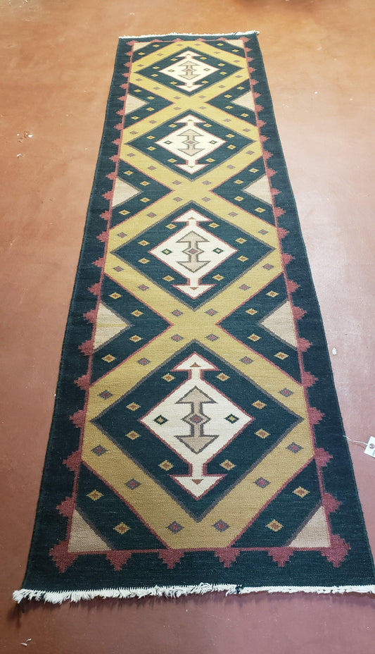 Vintage Indian Kilim Runner Rug, Geometric Flatweave Hand-Knotted Wool Kitchen Hallway Runner, Black Gold & Beige, 2' 8" x 9' 9" - Nuvé